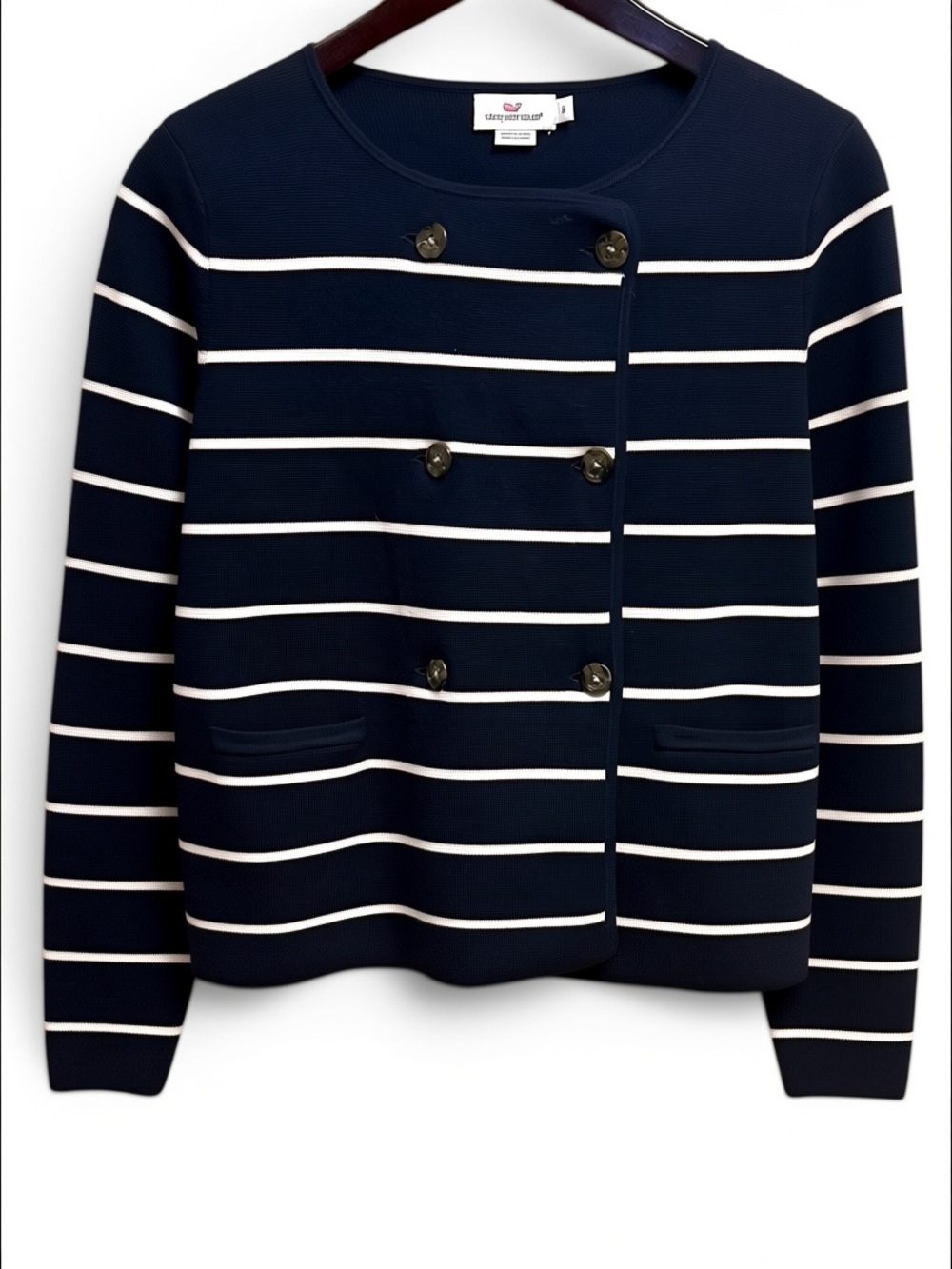 Vineyard Vines Navy & White Striped Dockside Double-Breasted Cardigan Jacket - M